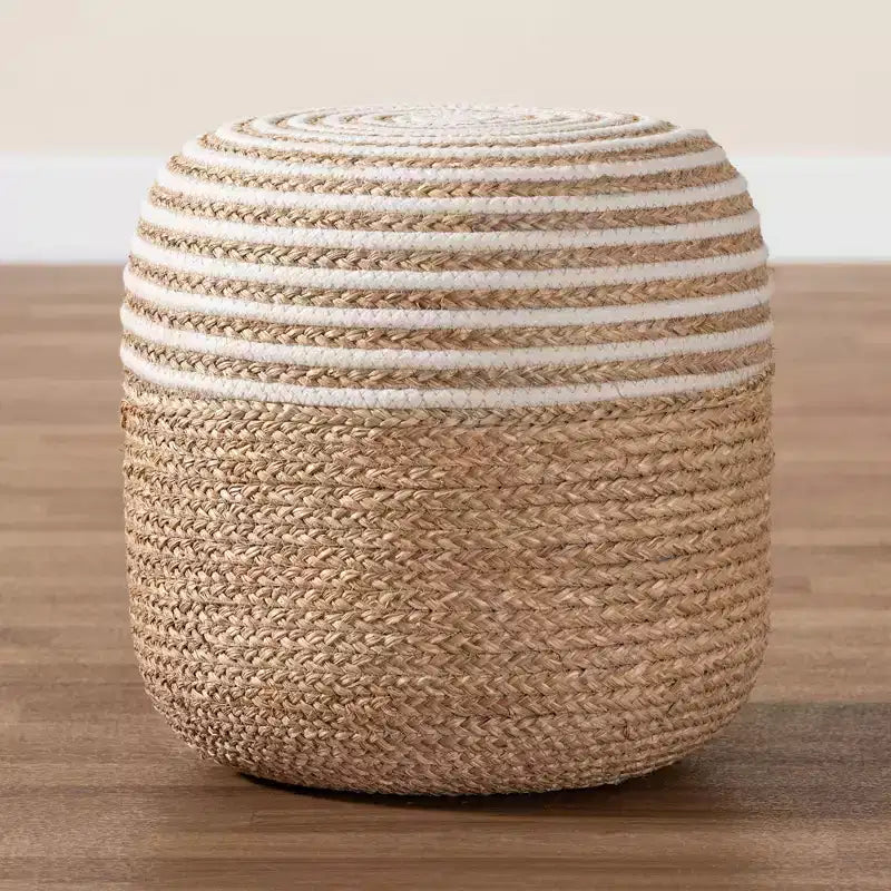 Seagrass and Woven Rope Ottoman Footstool White/Natural Brown: Cotton Upholstery, No Assembly Required