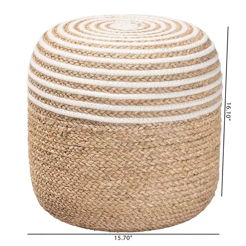 Seagrass and Woven Rope Ottoman Footstool White/Natural Brown: Cotton Upholstery, No Assembly Required
