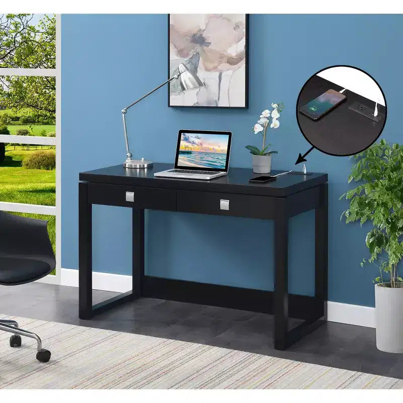 Newport 2 Drawer Desk with Charging Station Espresso/Black - : Home Office Workstation, MDF Construction