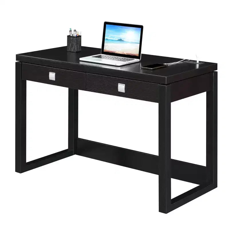 Newport 2 Drawer Desk with Charging Station Espresso/Black - : Home Office Workstation, MDF Construction