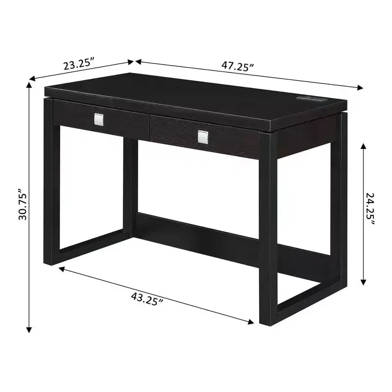 Newport 2 Drawer Desk with Charging Station Espresso/Black - : Home Office Workstation, MDF Construction